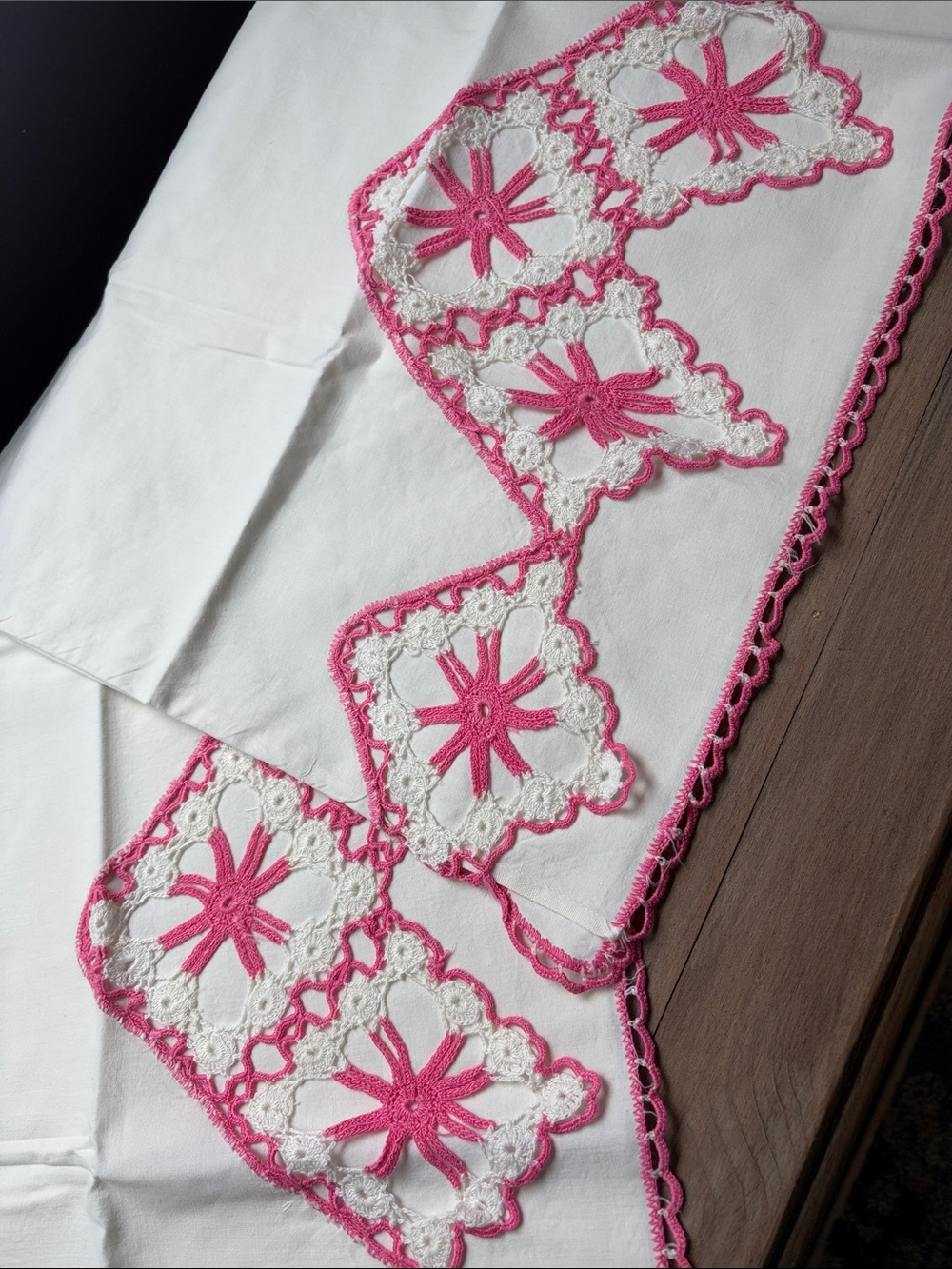 White Pillowcases with Pink Crochet Lace Floral Trim -set